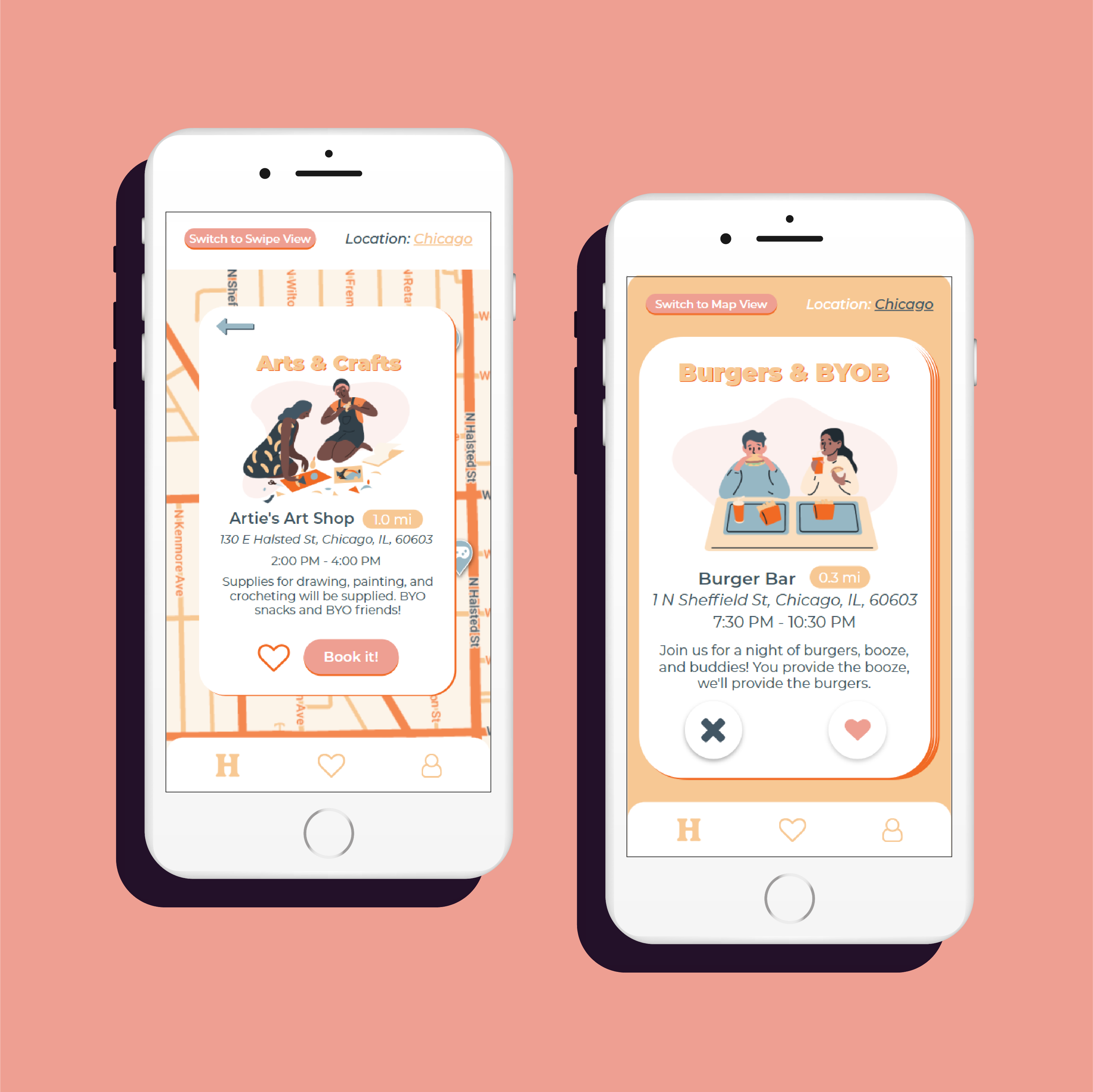 Three screencaptures of an event-finding app